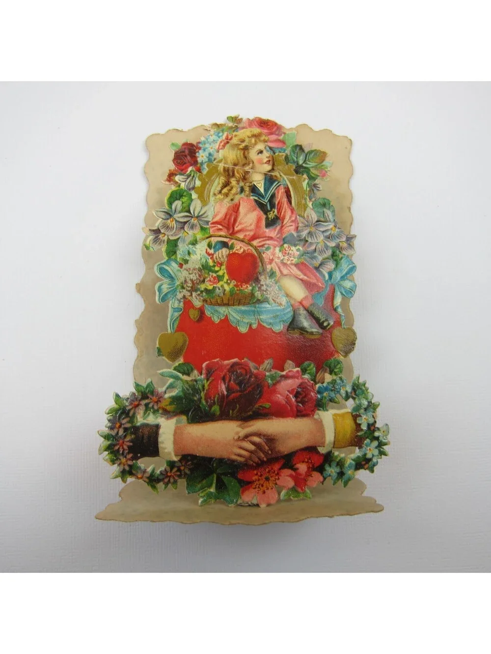 Vintage Valentine Pull Down Die Cut Stand Up Victorian Girl Flower Basket Roses